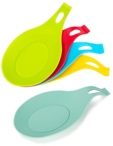 Repose-cuillère en Silicone Porte Cuillère de Cuisine Résistante à la Chaleur Flexible en Forme D'amande Porte Cuillère Cuisinière pour Cuillères, Ustensiles Cuisine 5 Pièces (5 Couleurs)
