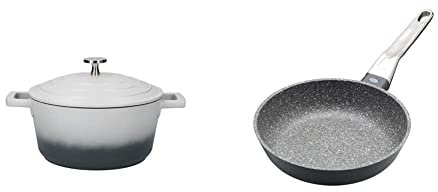MasterClass Small Casserole Dish with Lid, Lightweight Cast Aluminium, Induction Hob and Oven Safe & Cast Aluminium Induction-Safe Non-Stick Frying Pan, 20 cm (8), Grey
