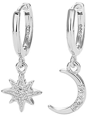 Ohrringe Silber 925 Hängend,Luna Stellata Ohrringe Hängend Silber Damen 1 Paar Creolen Silber Klein Zirkon Ohrringe Silber Creolen Mädchen Schmuck 12mm