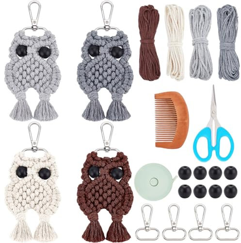 WEBEEDY 4 Set Makramee-Eulen-Schlüsselanhänger-Set Mit Eulenanhängern Makramee-Kits Für Erwachsene Anfänger Makramee-Zubehör Für Halloween-Dekor Abschlussgeschenke Handy-Geldbörse
