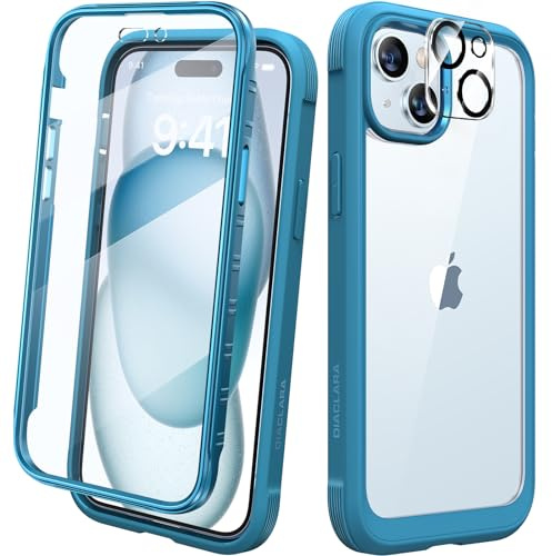 Diaclara Designed for iPhone 15 Case, Full Body Rugged Case with Built-in Touch Sensitive Anti-Scratch Screen Protector, with Camera Lens Protector for iPhone 15 6.1 (Wave Blue)