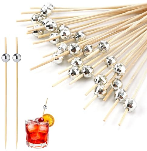 100St Disco Kugel Dekorative Zahnstocher, Disco Cocktail Picks Holz Cocktailspieße Disco Cocktail Zahnstocher Disco Party Dekorationen für Geburtstag Hochzeit Partyzubehör