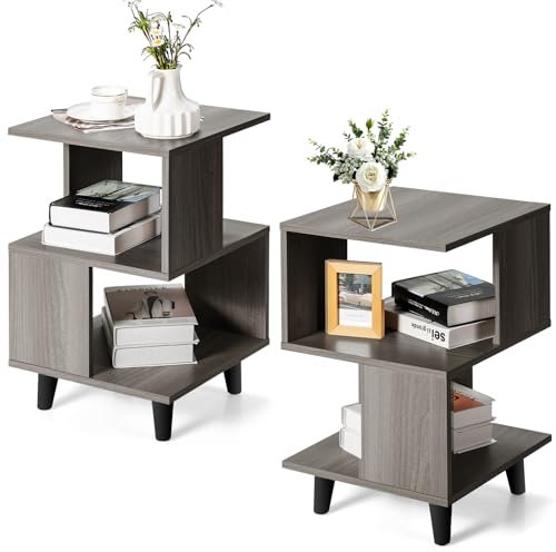 KOMFOTTEU 2er-Set Nachttisch mit offenen Ablage, Beistelltisch Klein aus Holz, asymmetrisches Bücherregal 40 x 40 x 70cm, Sofatisch Couchtisch Grau