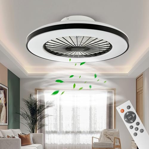 BKZO Modern LED Ceiling Light with Fan, Ceiling Fan with lamp, 24 Ventilation speeds, infinitely dimmable Light for Living Room, Bedroom, Office, 3000-5500 K, (Black Frame 50CM)