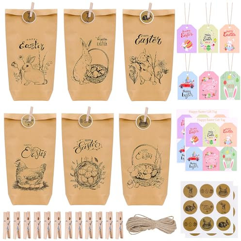 Yotako Ostertüten, 12 Stück Papiertüten mit Holzclip, Aufkleber und Hanfseil, Kraftpapier, 22.5X14.5 cm, Braun, Geblümt, Ostern