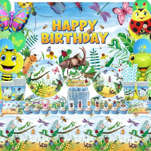 LSJDEER Insect Birthday Party Decorations - Bugs Party Supplies, Plates Cups Napkins Tablecloth Happy Birthday Backdrop Balloon Cake Toppers for Class Office Garden Reptile Baby Shower