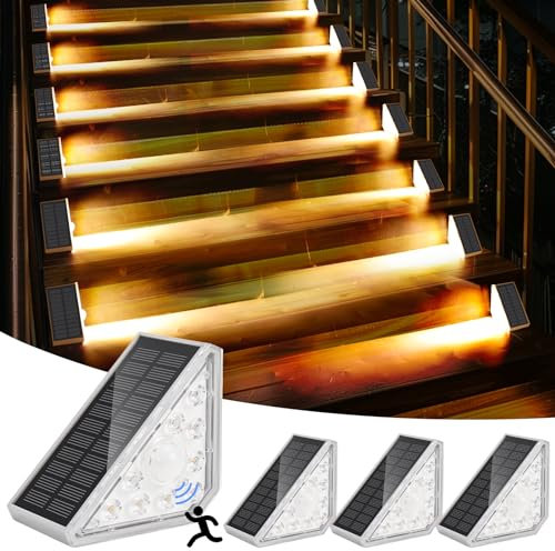 Solarlampen für Außen, GuKKK 4 Stück Solar Treppe Lampe mit Bewegungsmelder, 1200mAh 3000K Warmweiß LED Stufenleuchte, IP67 Wasserdichte Treppenbeleuchtung Außen Solar Treppenlicht,für Hinterhof Patio