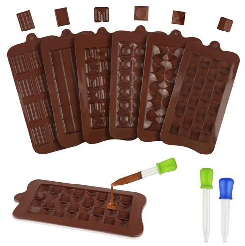 6 pièces Moule Tablette Chocolat, 3D Moule Silicone Chocolat avec 2 Compte - Gouttes, Total 122 Cavités, Facile à Démouler Moule Tablette, Moule de Chocolat pour Chocolat Maison, Gaufres, Pralines