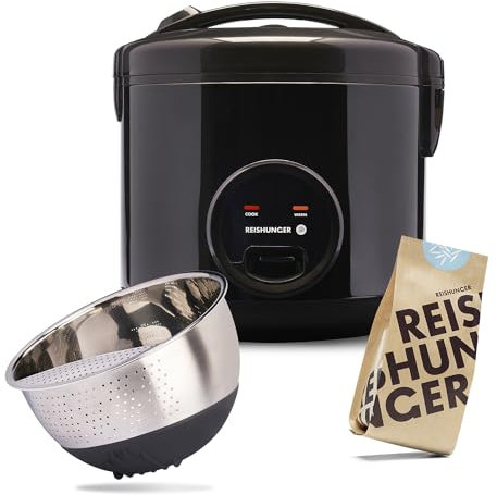 REISHUNGER Basis Reiskocher Starter Set, Großer Basis Reiskocher schwarz Keramik, Reiswaschschüssel Edelstahl (Schwarz), Finde deinen Lieblingsreis Set (8 Sorten)