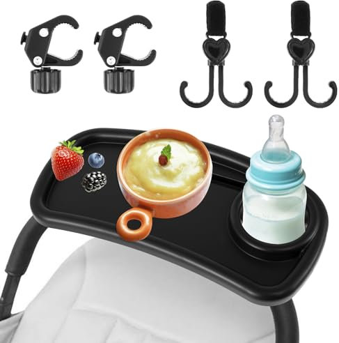 Foribyw Baby Stroller Snack Tray with Cup Holder Universal Pram Food Tray Removable Reusable Storage Holder with Adjustable Buckle and Hooks for Strollers (With hook, 39×18.5×6cm)