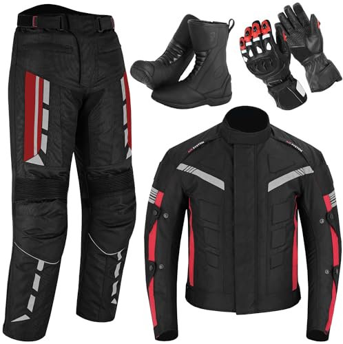 Vaster Moto Chaqueta de moto con pantalón Botas de moto impermeables para hombre Guantes protectores para motociclistas Juego de 4 piezas Rojo (Traje = 5XL, Zapatos = EU 43)