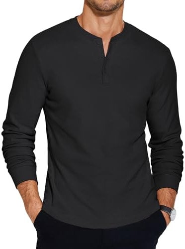COOFANDY Henley T Shirts Long Sleeve Men Grandad T Shirt Casual Mens Tops Full Sleeve Button Winter Black L