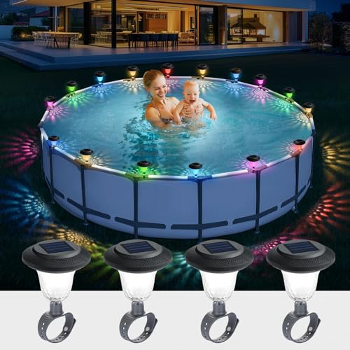 SALMOPH YCD-Pro-4 Lot de 4 lampes solaires pour piscine hors sol, cadre étanche, économie d'énergie, lumière RVB la nuit pour piscines à cadre (4 pièces), YCD-Pro-4