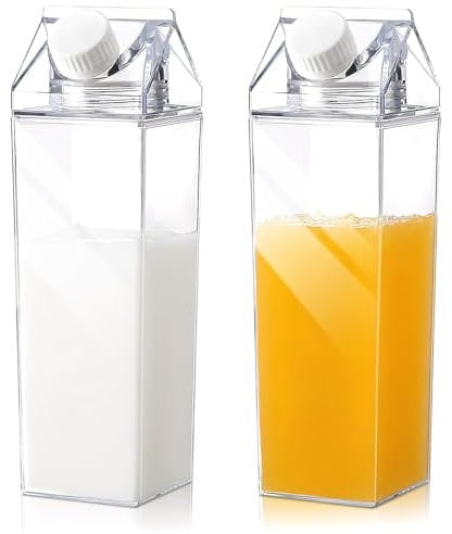 DAWRIS Transparent Plastic Milk Bottles Milk Cartons, 2 Pcs Plastic Milk Carton Water Bottle Milk Minder Milk Jug with Lid, Milk Storage Bottles Milk Container for Work, Juice Container for Fridge