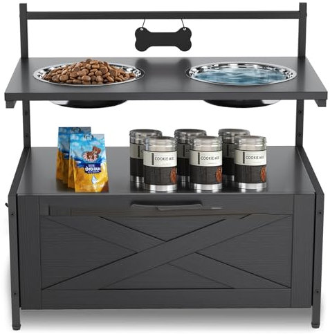 Elevated Dog Bowls for Large Dogs, Wood Raised Dog Bowls Stand with 2 Stainless Steel Dog Food Bowls,Lifted Dog Bowls Holder Cabinet with Wood Storage Drawer,Black