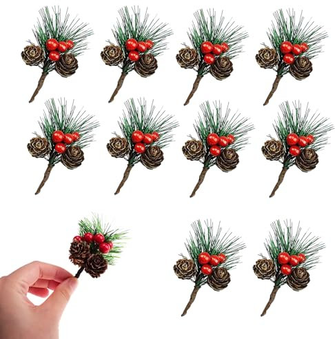 YunBey 24 Stück Künstliche Tannenzweige mit Rote Beeren und Tannenzapfen Weihnachtsdeko Basteln Kunst Tannenzweige Deko für Adventskranz Weihnachtskranz Tischdeko Geschenkboxen