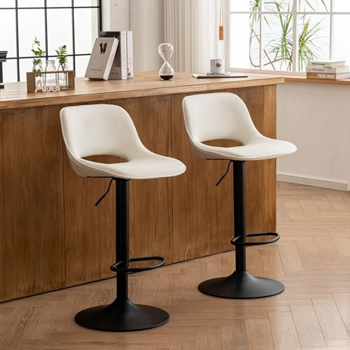 YOUNIKE Taburetes de Bar Juego de 2 Giratorios con Altura Ajustable, Taburetes de Cocina con Acolchado Suave, Taburetes de Mostrador con Respaldo Hueco, Taburete Alta de Bar, Blanco