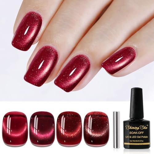Shining She Gel Nail Polish Jelly Cat Eye, 4 Colours Blood Red Burgundy Crystal Magnetic Gel Polish with Magnet Soak-Off UV/LED Glitter Gel Polish for Nail Art Salon DIY Home, 8 ML