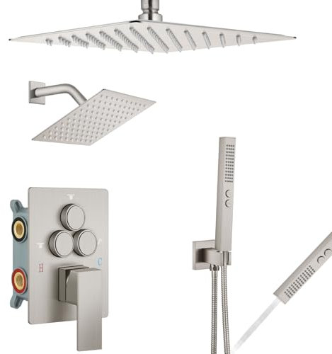 Aolemi Duscharmatur-Set Deckenhalterung Druckknopf Umsteller Duschsystem 25.4 cm und 15.2 cm Dual Duschkopf 2 in 1 Handbrause Rough-in Ventil und Duschverkleidung Kit Gebürstetes Nickel