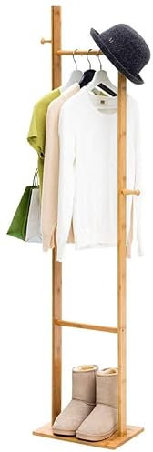 OXOAMP Portemanteaux Porte-Manteau de Sol en Bois, Porte-Manteau sur Pied, Porte-Manteau en Bambou, avec 4 Crochets et 1 étagère de Rangement, for Chapeaux, Foulards Couloir