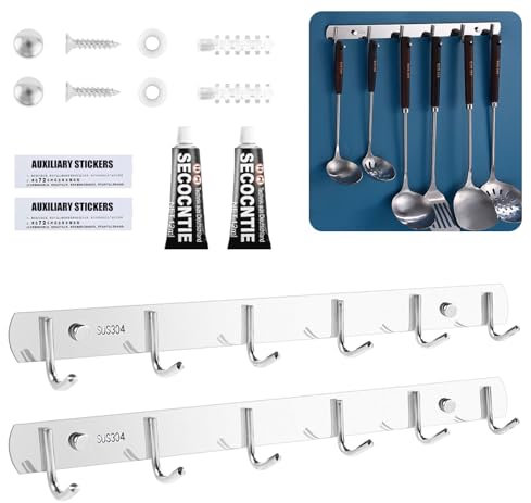 FutrLiv 2er-Pack Wandhaken aus Edelstahl, 6 Haken, robuste Garderobenleiste für Küche, Bad, Schlafzimmer, Eingangsbereich, platzsparend, rostbeständig,(Schrauben & ohne