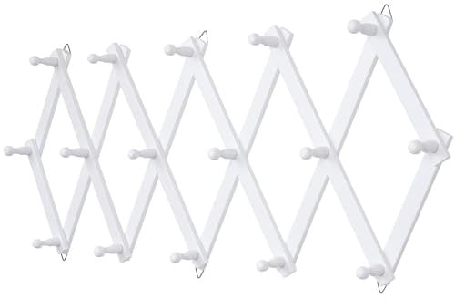 Qiannhee Wandgarderobe Holz Weiß Garderobenleiste Wandmontage mit 16 Haken Akkordeon Kleiderhaken Wand Flurgarderobe Tassenständer Hutablage Wand für Wohnzimmer Zimmer Massivholz Naturholz 80cm 100cm