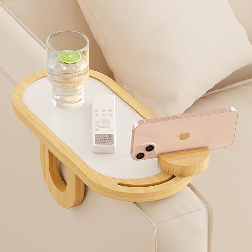 Wealone Oval Sofatablett Armlehne, Bambus Couch Tablett Armlehne, Couch Ablage mit 360°Abnehmbarem Handyhalter, Sofa Armlehne Ablage für Snacks oder Essen
