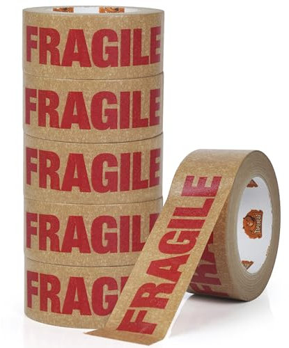 TAPEBEAR Nastro Fragile in Carta Kraft Eco-Friendly, 50mm x 50m, Biodegradabile per Imballaggi, 6 Rotoli