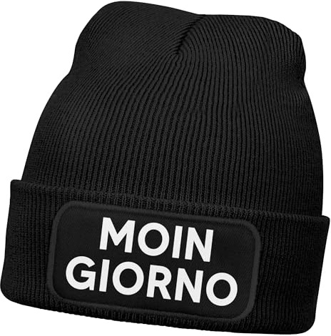 MoonWorks® Damen Beanie mit Patch Strickmütze mit Spruch Wortspiel Moin Giorno Lustig Damenmütze