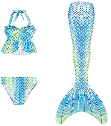 Meerjungfrau Flosse Mädchen mit Bikini Sommer Cosplay Monoflosse Kostüm Schwimmflossen Kinder Shepretty Fischschwanz Glitzernder Ideal für Pool und Meer