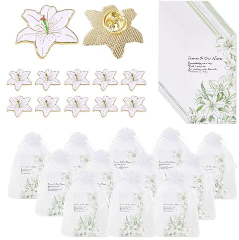 Spille commemorative a forma di giglio, set da 30 bomboniere funebri per ospiti, decorazioni funebri con gigli, spille di memoria, biglietti di memoria, sacchetti in organza, Misura unica, Lega di