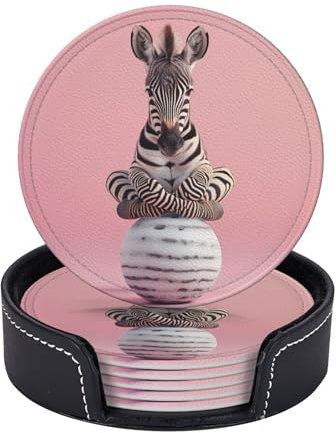 Lederuntersetzer-Set mit 6 Stück und Halter, runde Getränkeuntersetzer, Zebra beim Yoga, Couchtisch-Untersetzer, Untersetzer für Couchtische, rutschfeste Tassentischunterlagen, geeignet für alle Arten