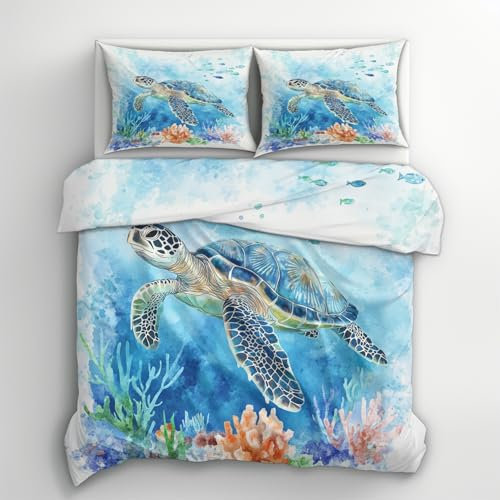 Generisch Bettwäsche Schildkröte 135x200, Unterwasserwelt Meer Meerestiere Motiv Wendebettwäsche & Deko, Weiche Microfaser Bettbezug mit Reißverschluss und 1 Kissenbezug 80x80, 2tlg - ASD5515