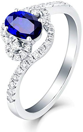Stfery 18 Karat Weiß Gold Ring Damen, Eheringe mit Saphir in Ovalschliff, Diamantring Echt Goldschmuck, Gr.56 (17.8)