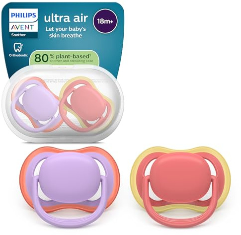 Philips Avent Ultra Air Soothers - Orthodontic Design, for Babies 18 Months+, Soft Silicone Symmetrical Teat, BPA-Free, with Sterilizing Case, 2 Pack, SCF349/46