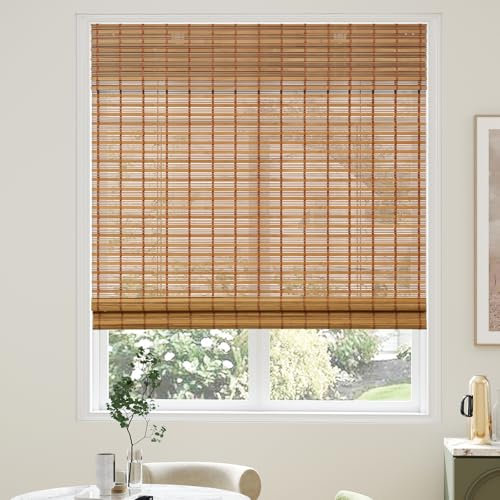 AGESISI Bamboo Roman Shades with Valance Cover, Cordless Blinds for Indoor Windows, Light Filtering Woven Shades for Home & Patio, Privacy Protection, 37 W x 64 H, Carbonized