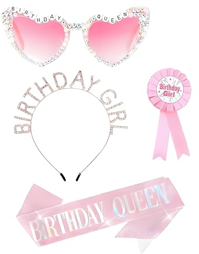 4PCS Birthday Girl Headband Set, Birthday Sash for Women Pink Accessories | Birthday Sash Eyewear Birthdays Crown & Accessories, Birthday Girl Badge Suitable for Women Girls Party Supplies