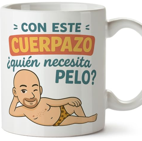 MUGFFINS taza para regalar a calvos graciosas: Con este cuerpazo quien necesita pelo en Español | divertida regalo original | 330 Ml 11 oz | calvicie humor | calvicie v2