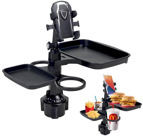 DBAILY Car Cup Holder, 5 in 1 Adjustable Car Cup Holder, Expander with Cell Phone Holder, Rotatable All-Purpose Food Tray, Car Double Cup Holder, Snack Tray