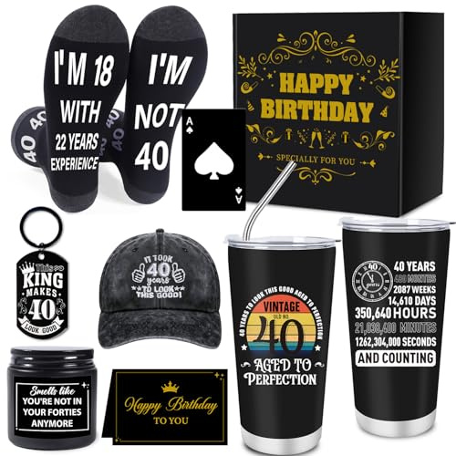 Luvart 40th Birthday Gifts for Men - 7Pcs 40 Years Old Mens Birthday Gifts Ideas, 20oz Travel Mug, Funny Socks, Baseball Cap,Keyring, Bottle Opener, Candle, 40th Presents for Dad Husband Uncle Boss