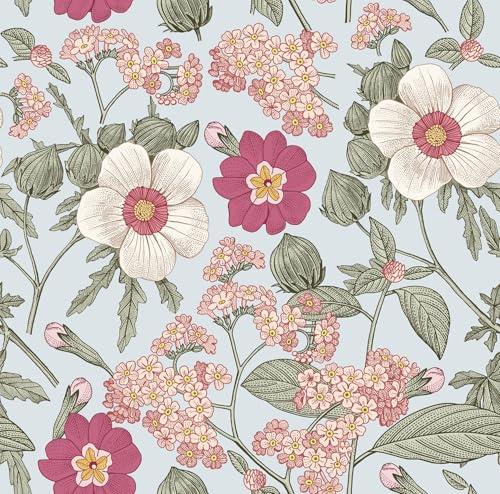 DacaiCloth Vintage Floral Peel and Stick Wallpaper, 44 x 300 cm, Sage Green and Pink, Self-Adhesive Removable Wall Covering for Home Bedroom Cabinets Thicken,17.3 x 118 inches