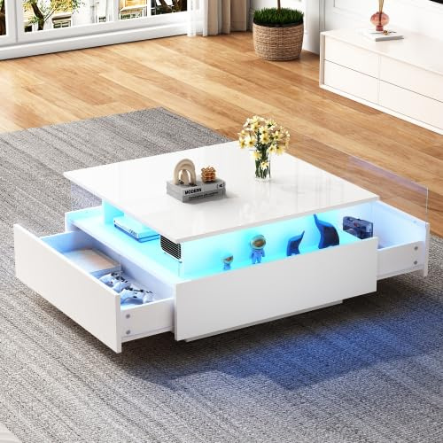 Merax Weißer Couchtisch mit LED-Beleuchtung – Moderner Wohnzimmertisch 70x70x41 cm mit 2 Schubladen – Multifunktionaler Beistelltisch Couch & Coffee Table