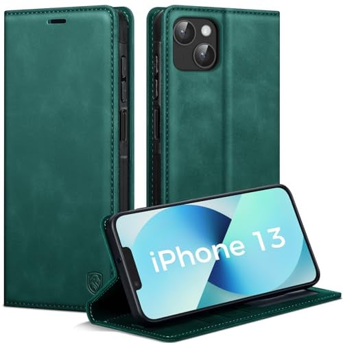 AIMOYU Handyhülle für iPhone 13 Hülle, Premium PU Leder Klapphülle Schutzhülle, Tasche Magnet Kartenfach Standfunktion Flip Case Hülle für iPhone 13, Blau Grün