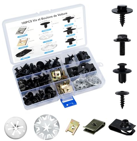 100PCS Clips et Boulons de Carrosserie, Kit de Rénovation Automobile Universel avec Vis de Soubassement, Écrous en U et Agrafes de Fixation - pour Voiture, Capot, Pare-chocs, Garde-boue