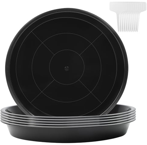 6X Soucoupe Pot Fleur Rond Coupelle Pot de Fleur Plastique, Noir - Ø 40cm | avec 10 Étiquettes, pour Plantes D'Intérieur et D'Extérieur