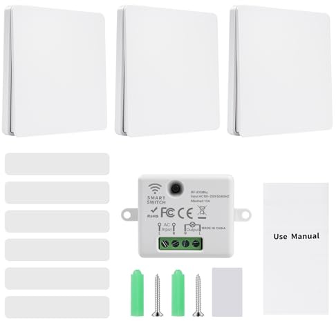 Interruttore Wireless RF433 Interruttore Senza Fili Della Luce 240V Trasmettitore RF e Controller Ricevitore 10A Senza Batterie, 1 Ricevitore + 3 Pannelli di Controllo WHD05+WHZ03