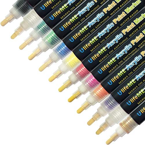 Ulifeme Rotuladores de Pintura Acrílico, 12 Colores Permanente Marcadores para Ceramica, Tela, Marcador Metal, Plastico, Cristal, Vidrio, Pintar Piedras, Dibujo, Porcelana, Tazas, Madera, Metal y DIY