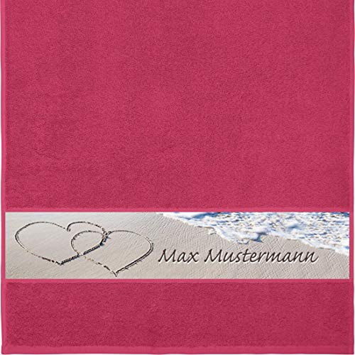 Manutextur Handtuch Mit Namen - Personalisiert - Motiv Liebe - Strand - Viele Farben - Dusch-Handtuch - Fuchsia - Größe 50x100 cm - Persönliches Geschenk Mit Wunsch-Name