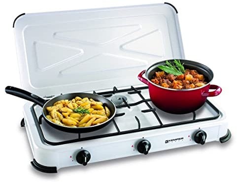 KEMPER - Hornillo de gas portátil con 3 fuegos, 3450 W, color blanco lacado