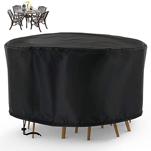 Flymer Garden Table Cover Large Patio Table Chairs Set Cover Waterproof Dustproof Rip Proof Anti-UV Round Outdoor Furniture Covers Black (Φ230*110cm)